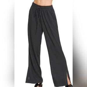 Zenana Linen Drawstring Wide Leg Pants Women's Black